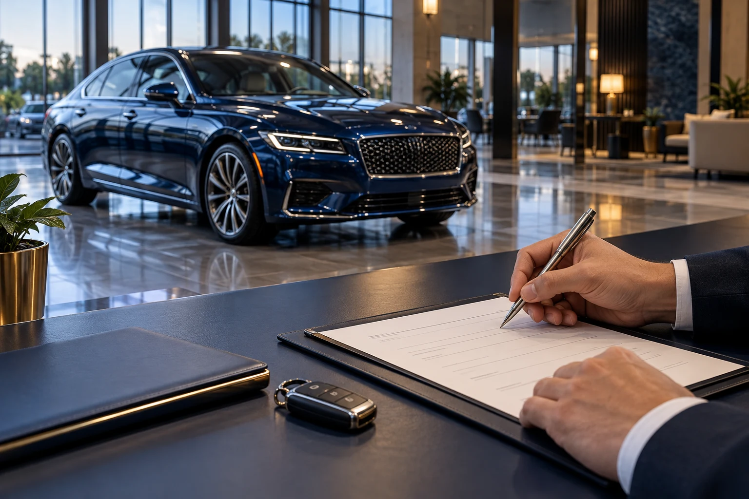 Illustration of vehicle paperwork being reviewed beside a car key, with a blue sedan in a showroom